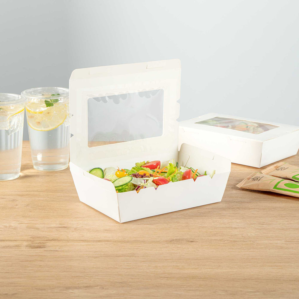 Cafe Vision 42 oz White Paper Medium Take Out Container - Hinge Lock - 8" x 5 1/2" x 2" - 200 count box