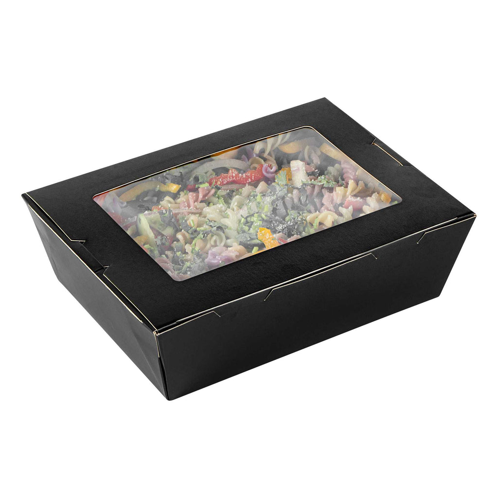 Cafe Vision 71 oz Black Paper Large Take Out Container - Hinge Lock - 8 3/4" x 6 1/2" x 2 1/2" - 200 count box