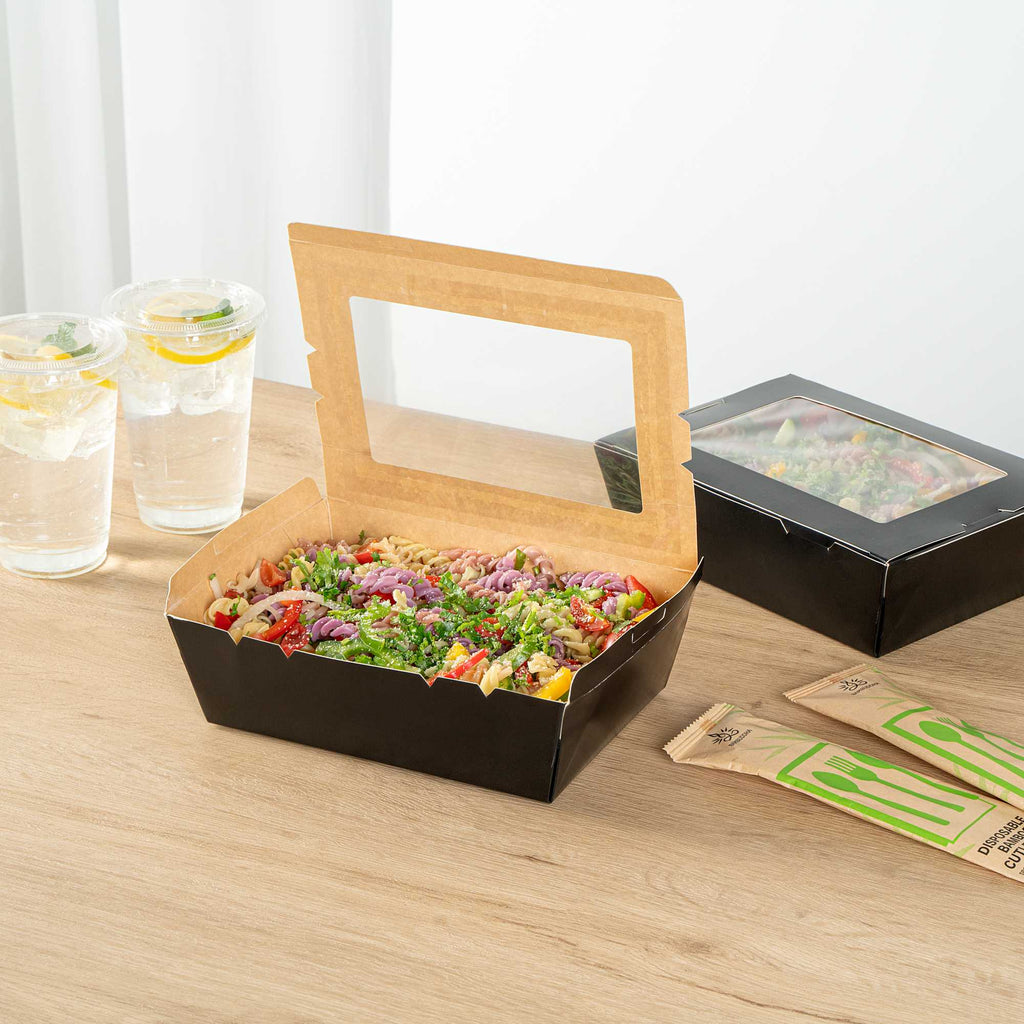 Cafe Vision 71 oz Black Paper Large Take Out Container - Hinge Lock - 8 3/4" x 6 1/2" x 2 1/2" - 50 count box