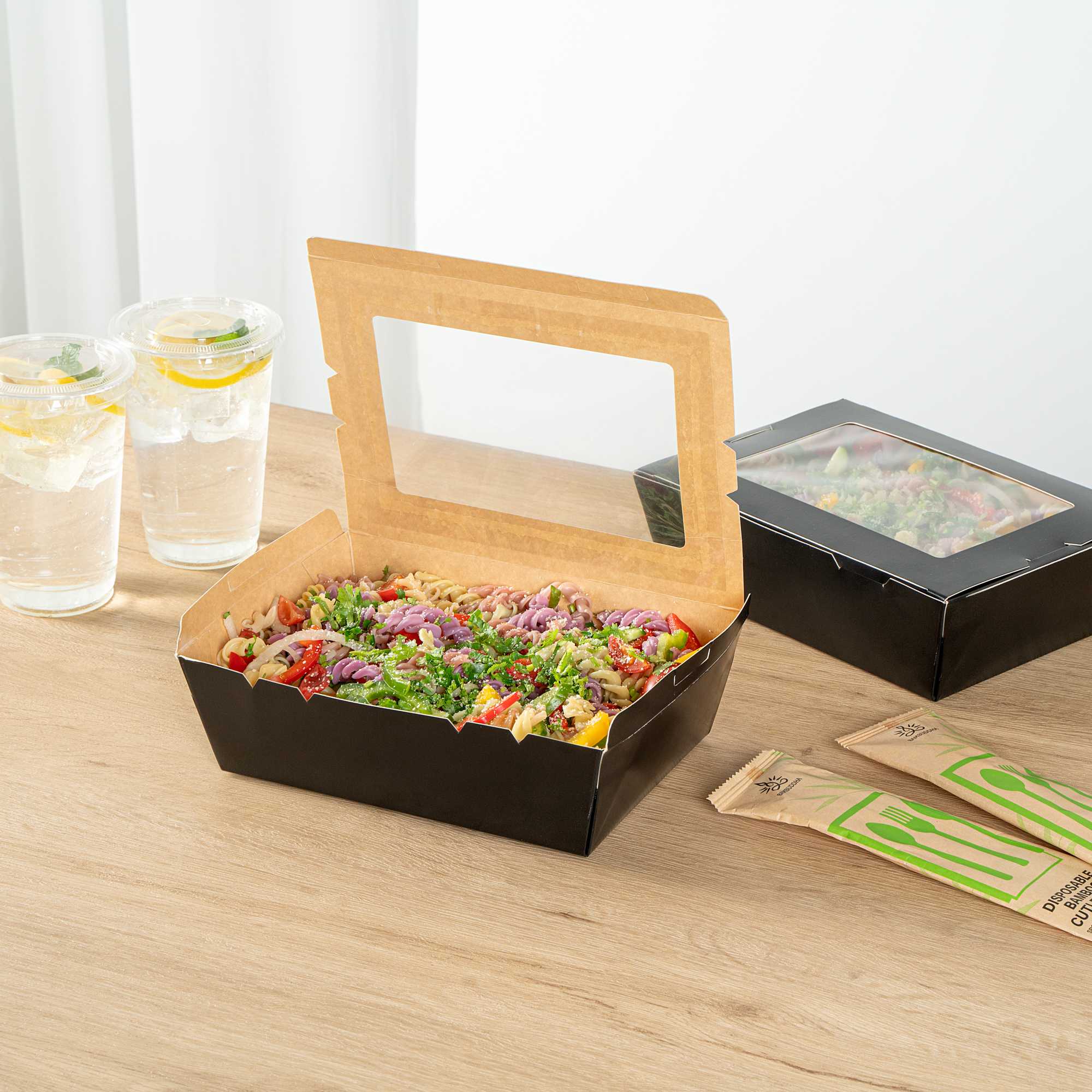 Cafe Vision 71 oz Black Paper Large Take Out Container - Hinge Lock - 8 3/4" x 6 1/2" x 2 1/2" - 50 count box