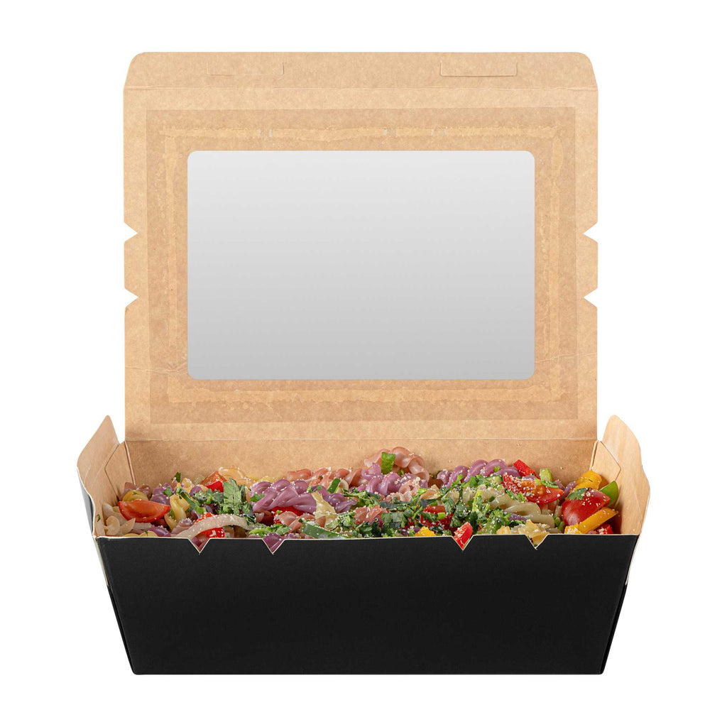 Cafe Vision 71 oz Black Paper Large Take Out Container - Hinge Lock - 8 3/4" x 6 1/2" x 2 1/2" - 50 count box
