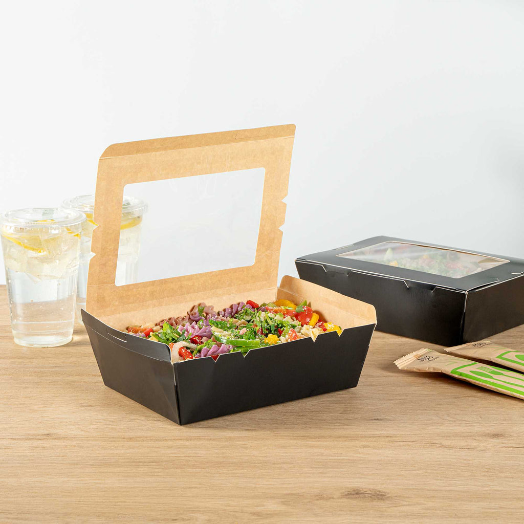 Cafe Vision 71 oz Black Paper Large Take Out Container - Hinge Lock - 8 3/4" x 6 1/2" x 2 1/2" - 50 count box
