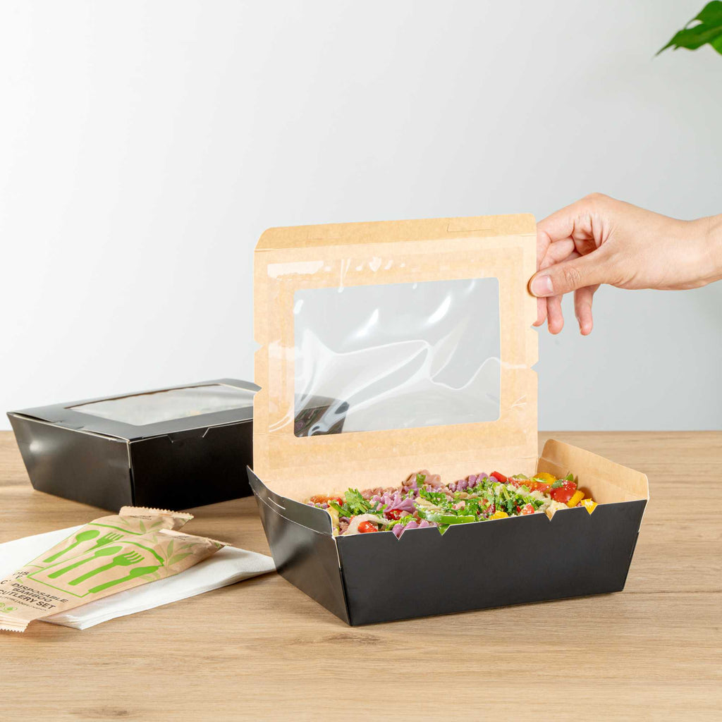Cafe Vision 71 oz Black Paper Large Take Out Container - Hinge Lock - 8 3/4" x 6 1/2" x 2 1/2" - 50 count box