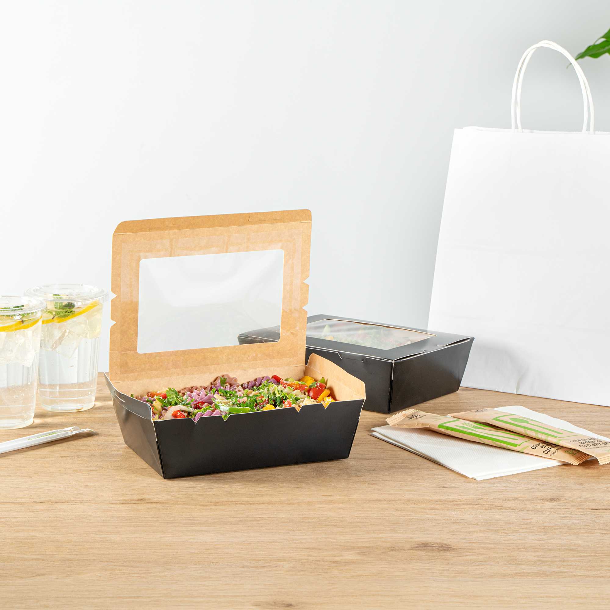 Cafe Vision 71 oz Black Paper Large Take Out Container - Hinge Lock - 8 3/4" x 6 1/2" x 2 1/2" - 50 count box