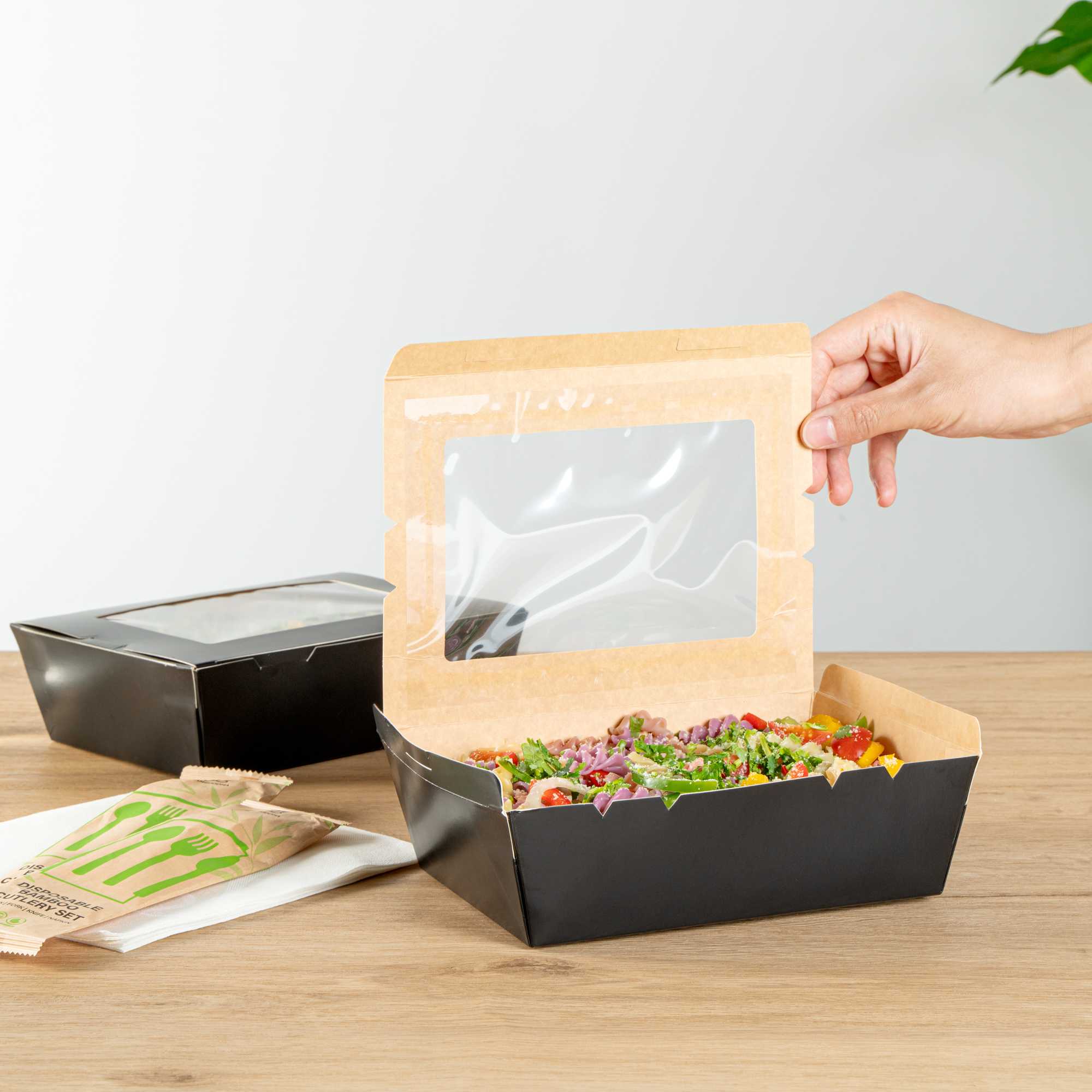 Cafe Vision 71 oz Black Paper Large Take Out Container - Hinge Lock - 8 3/4" x 6 1/2" x 2 1/2" - 200 count box