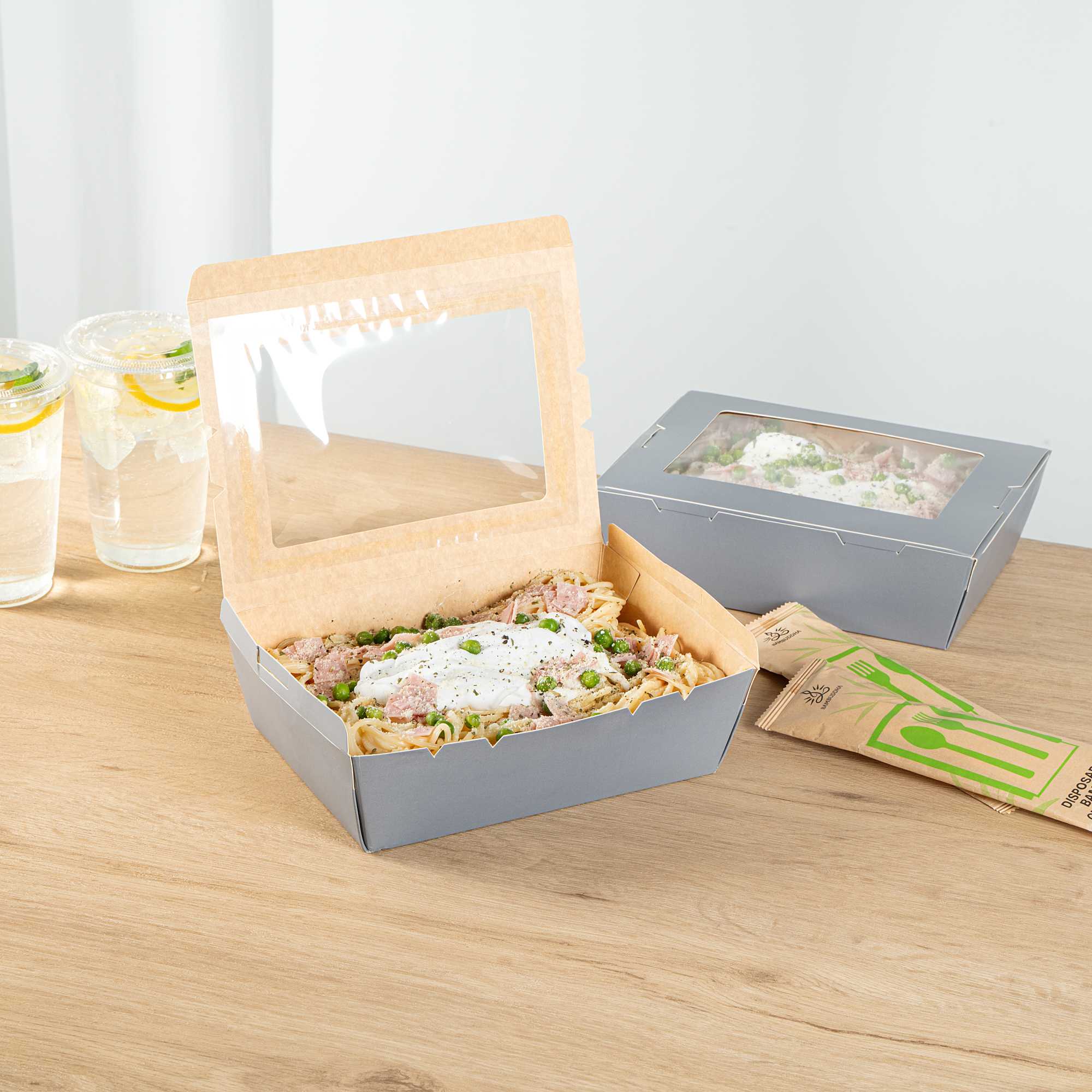 Cafe Vision 71 oz Gray Paper Take Out Container - Hinge Lock - 8 3/4" x 6 1/2" x 2 1/2" - 50 count box