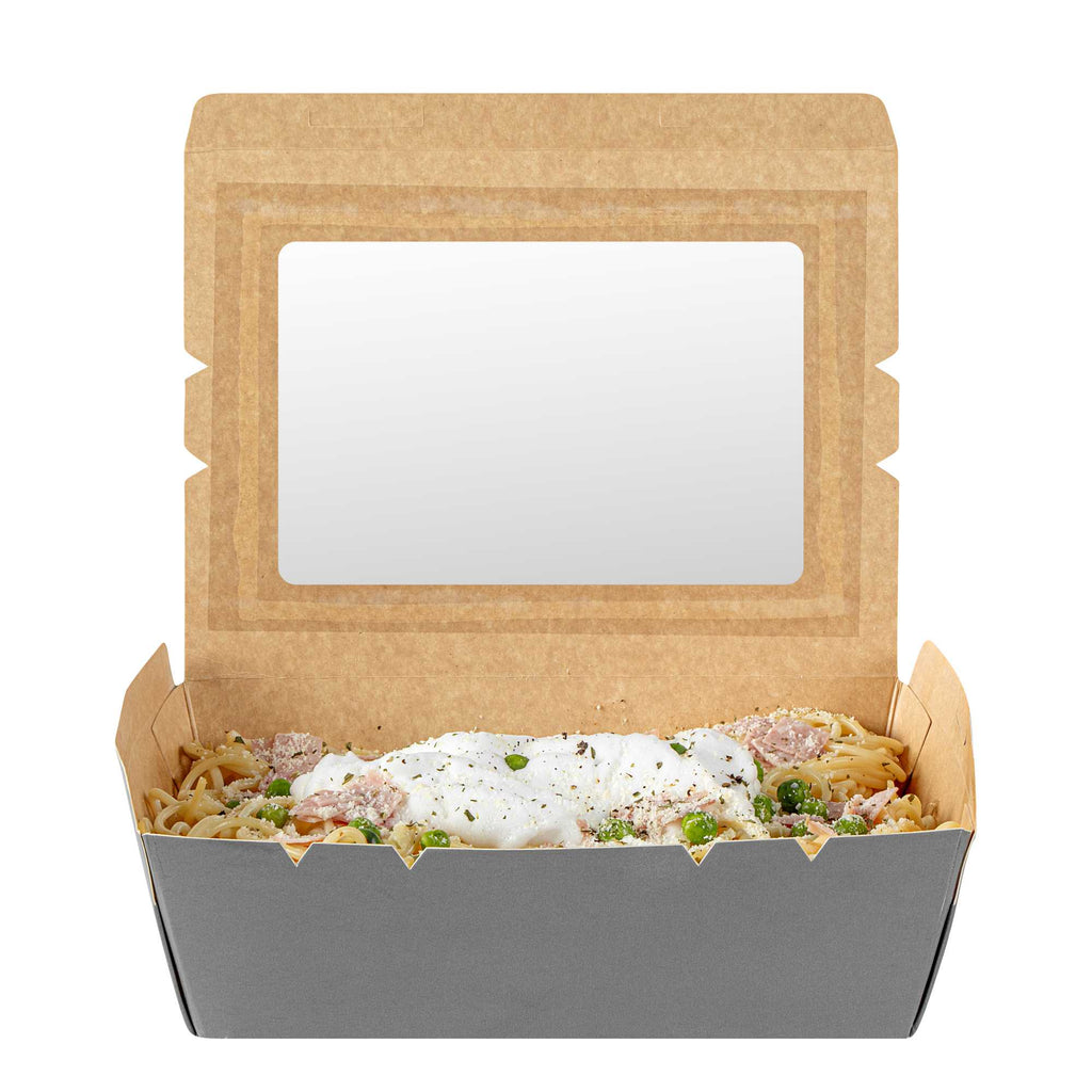 Cafe Vision 71 oz Gray Paper Take Out Container - Hinge Lock - 8 3/4" x 6 1/2" x 2 1/2" - 50 count box