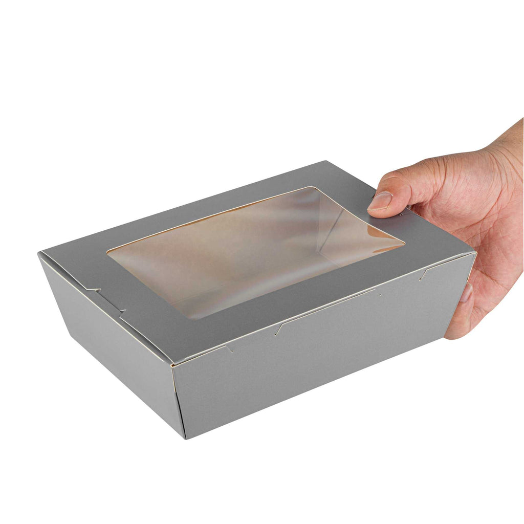 Cafe Vision 71 oz Gray Paper Take Out Container - Hinge Lock - 8 3/4" x 6 1/2" x 2 1/2" - 200 count box