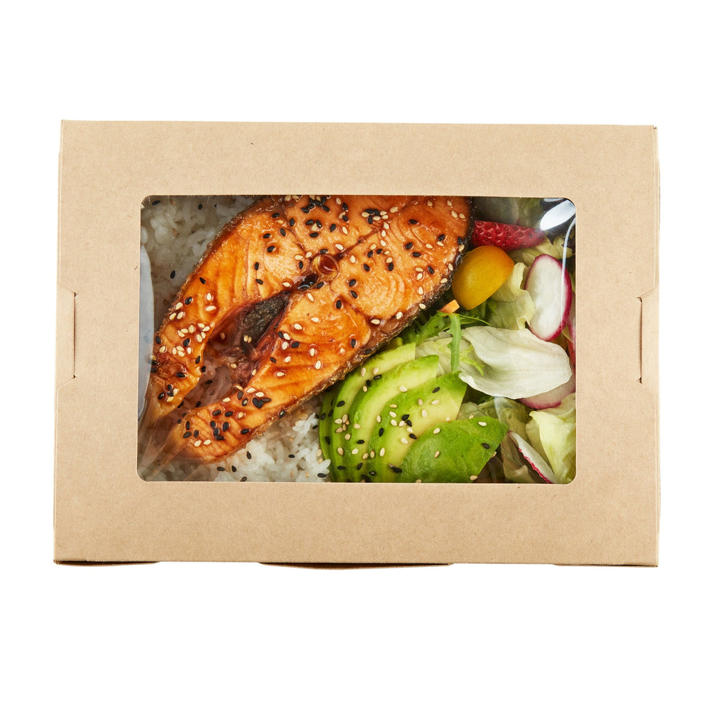 Cafe Vision 71 oz Kraft Paper Large Take Out Container - Hinge Lock - 8 3/4'' x 6 1/2'' x 2 1/2'' - 50 count box