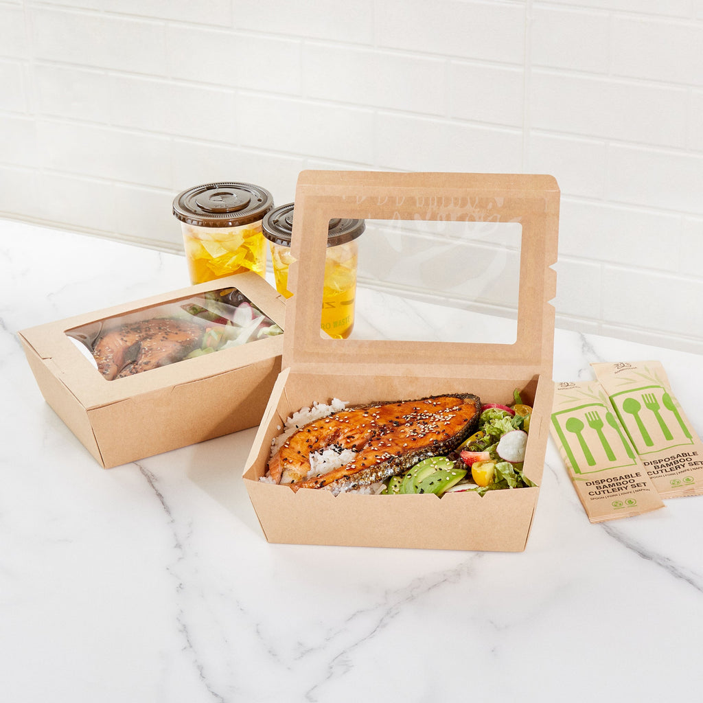 Cafe Vision 71 oz Kraft Paper Large Take Out Container - Hinge Lock - 8 3/4'' x 6 1/2'' x 2 1/2'' - 200 count box