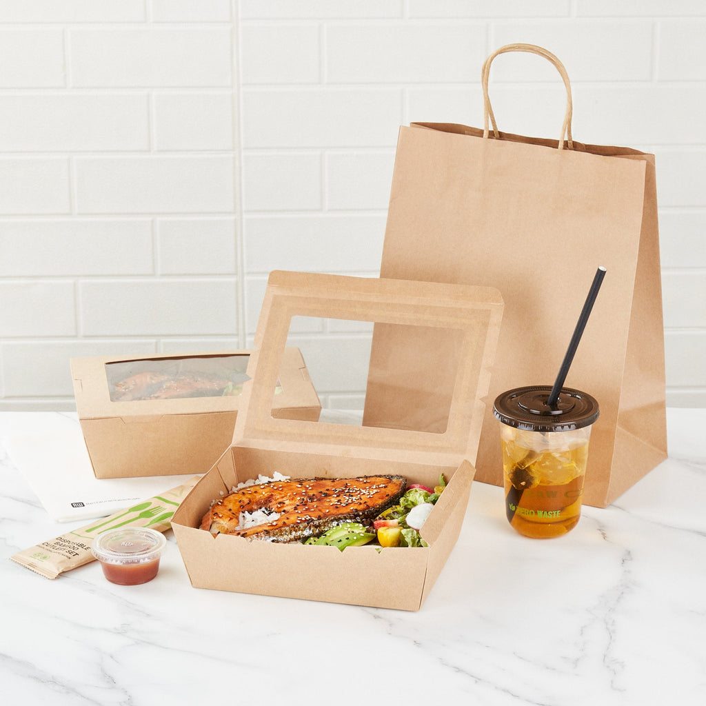 Cafe Vision 71 oz Kraft Paper Large Take Out Container - Hinge Lock - 8 3/4'' x 6 1/2'' x 2 1/2'' - 200 count box