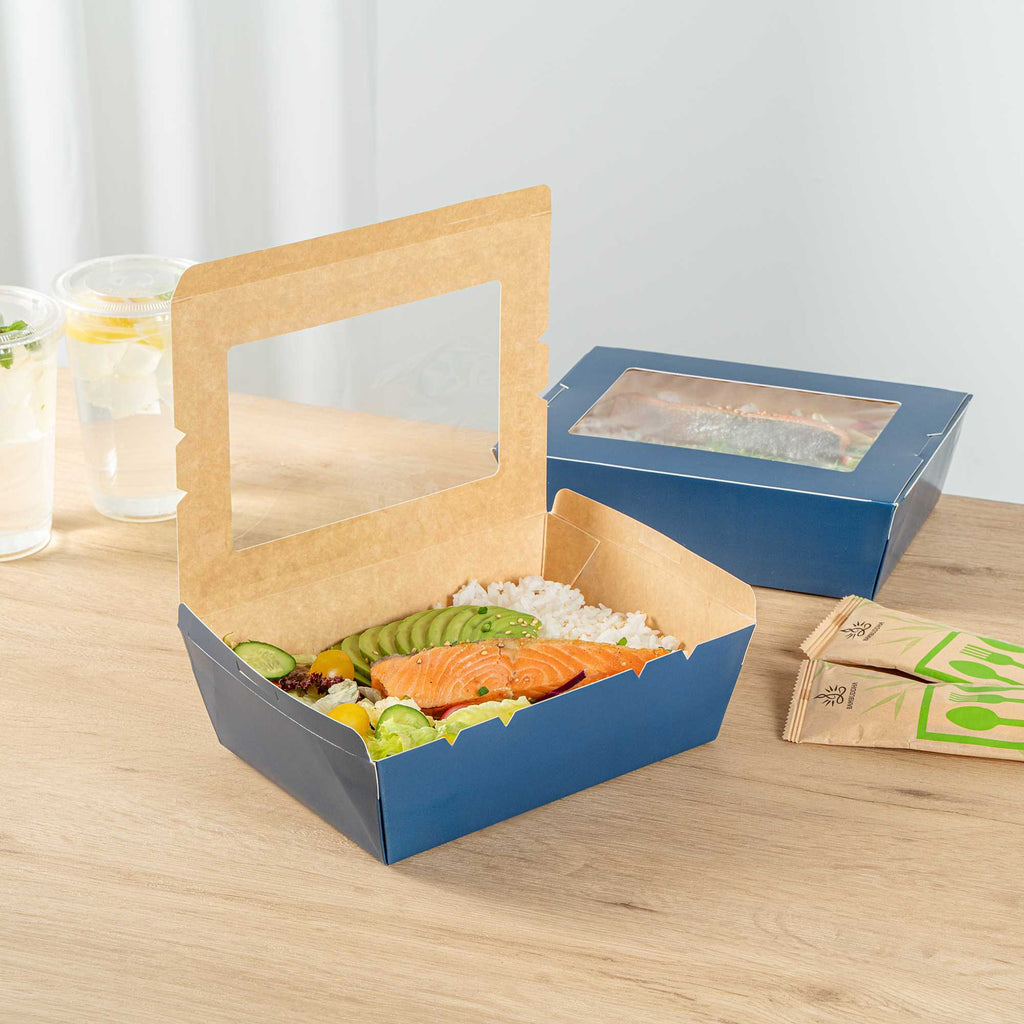Cafe Vision 71 oz Midnight Blue Paper Large Take Out Container - Hinge Lock - 8 3/4" x 6 1/2" x 2 1/2" - 50 count box