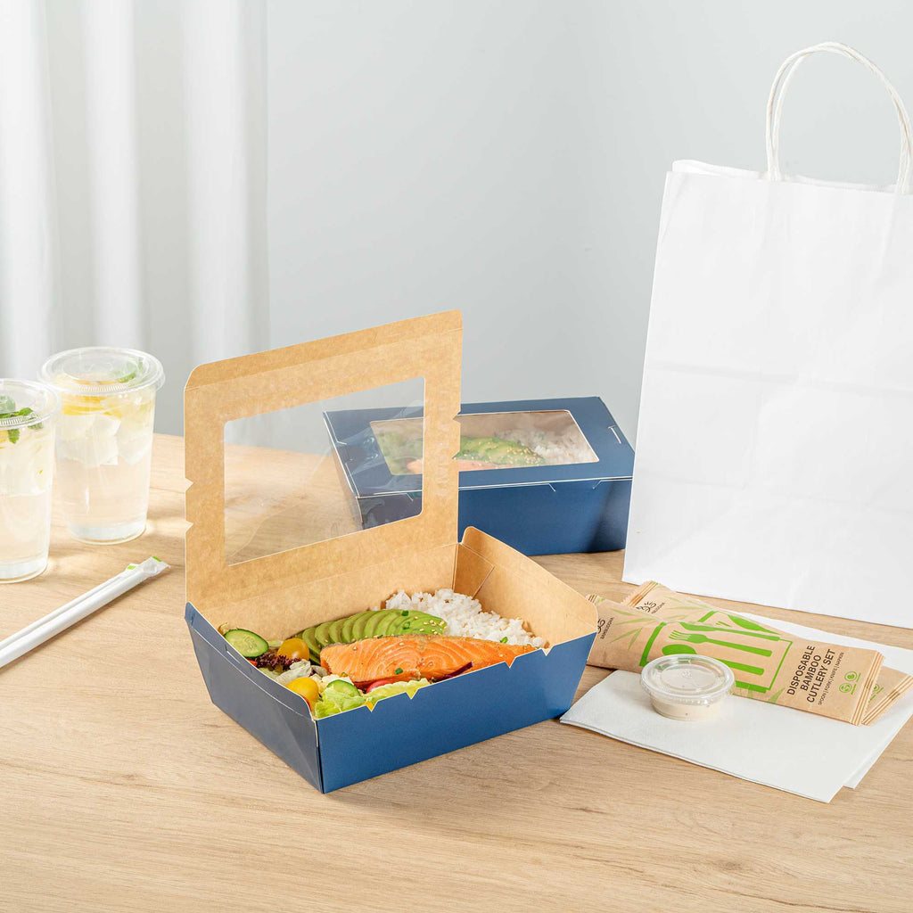 Cafe Vision 71 oz Midnight Blue Paper Large Take Out Container - Hinge Lock - 8 3/4" x 6 1/2" x 2 1/2" - 50 count box