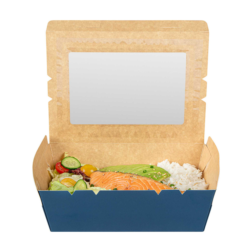 Cafe Vision 71 oz Midnight Blue Paper Large Take Out Container - Hinge Lock - 8 3/4" x 6 1/2" x 2 1/2" - 200 count box
