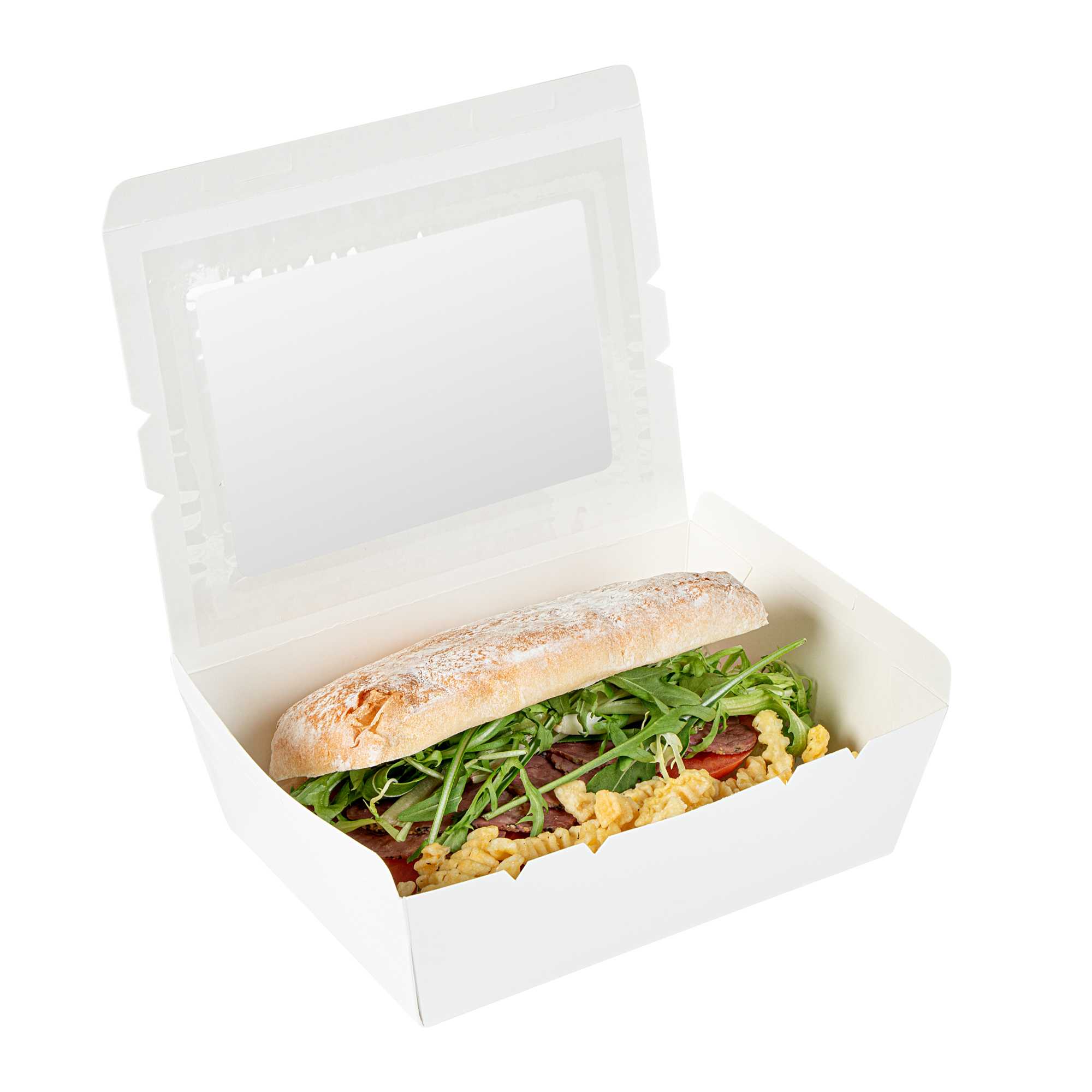 Cafe Vision 71 oz White Paper Large Take Out Container - Hinge Lock - 8 3/4" x 6 1/2" x 2 1/2" - 50 count box