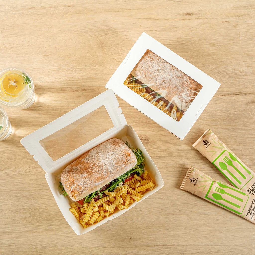 Cafe Vision 71 oz White Paper Large Take Out Container - Hinge Lock - 8 3/4" x 6 1/2" x 2 1/2" - 50 count box