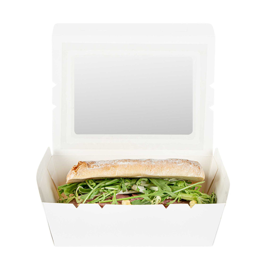 Cafe Vision 71 oz White Paper Large Take Out Container - Hinge Lock - 8 3/4" x 6 1/2" x 2 1/2" - 200 count box