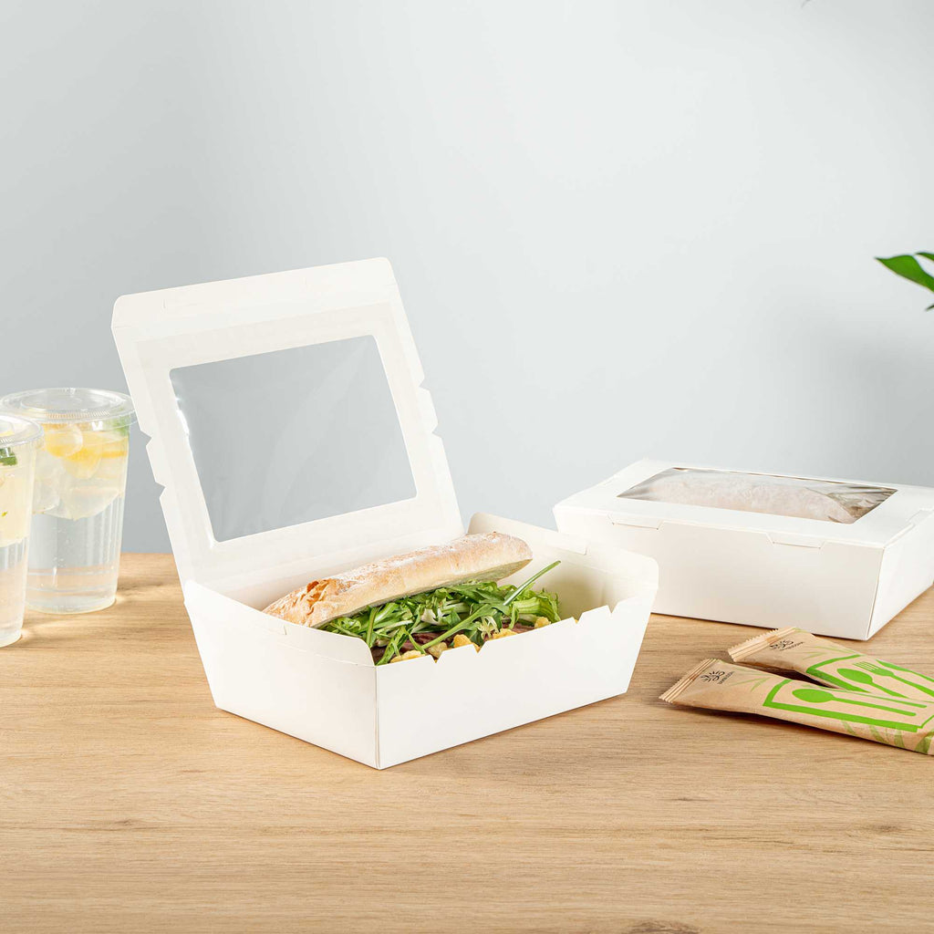 Cafe Vision 71 oz White Paper Large Take Out Container - Hinge Lock - 8 3/4" x 6 1/2" x 2 1/2" - 200 count box