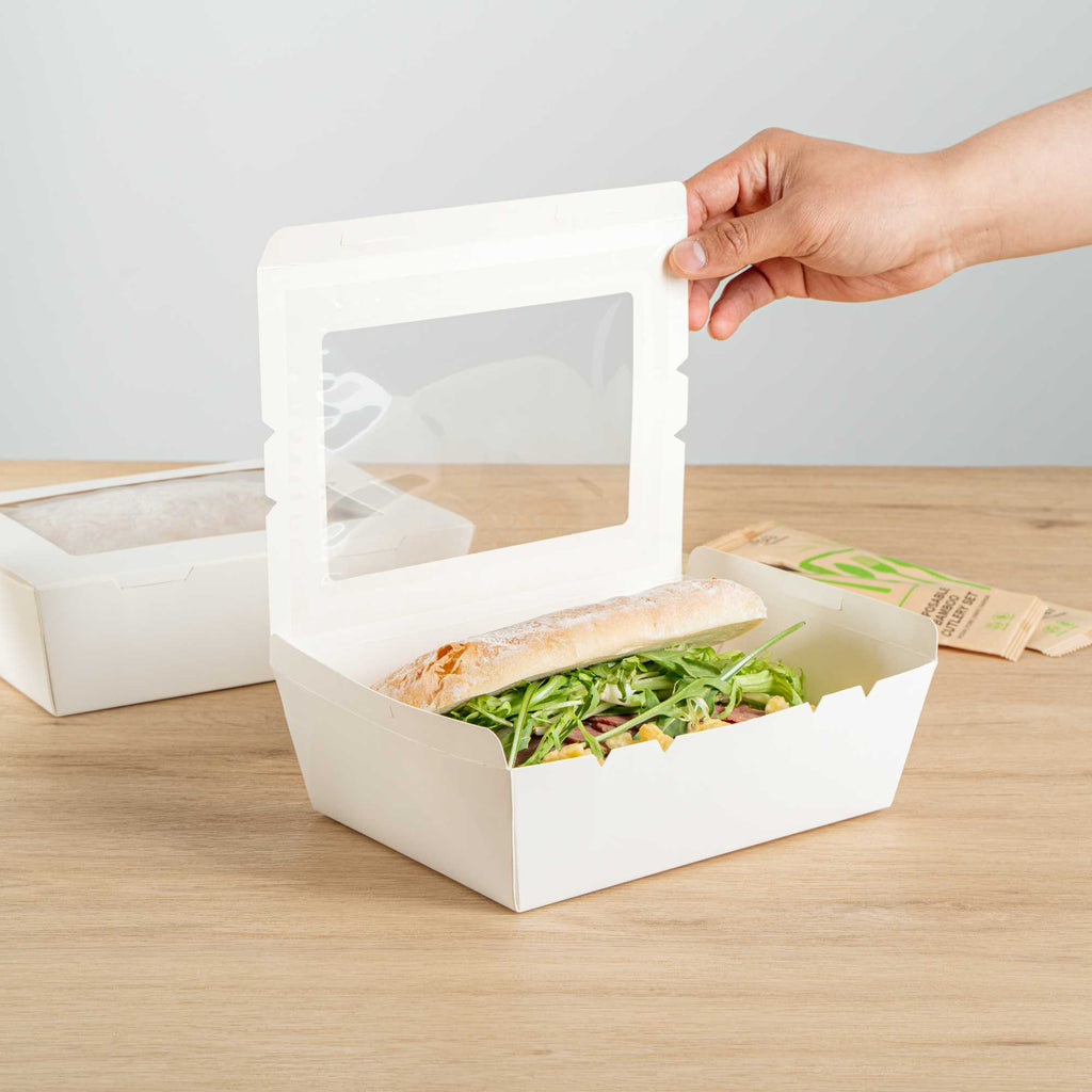 Cafe Vision 71 oz White Paper Large Take Out Container - Hinge Lock - 8 3/4" x 6 1/2" x 2 1/2" - 200 count box