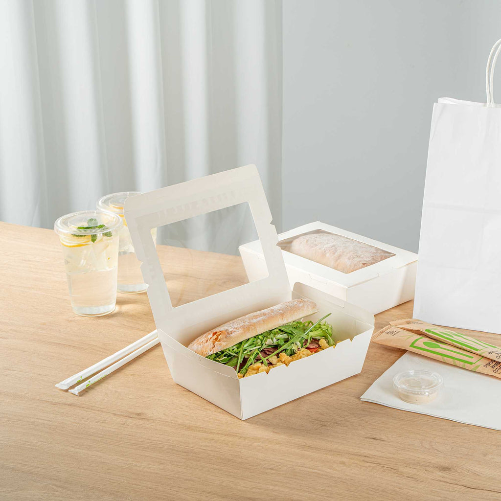Cafe Vision 71 oz White Paper Large Take Out Container - Hinge Lock - 8 3/4" x 6 1/2" x 2 1/2" - 200 count box