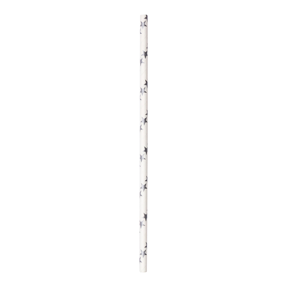 Bev Tek Metallic Silver Paper Straw - Shooting Stars, 6mm - 7 3/4" - 25 count box