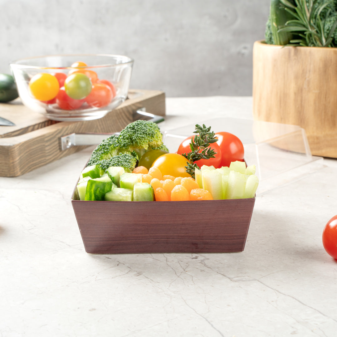 Matsuri Vision Wood Grain Paper Small Sushi Container - 3 3/4" x 3 3/4" x 1 1/2" - 100 count box