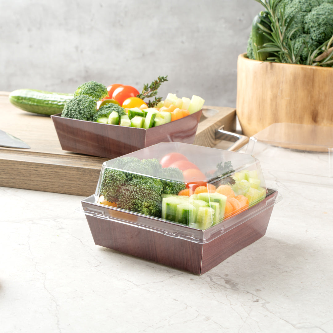 Matsuri Vision Wood Grain Paper Small Sushi Container - 3 3/4" x 3 3/4" x 1 1/2" - 100 count box