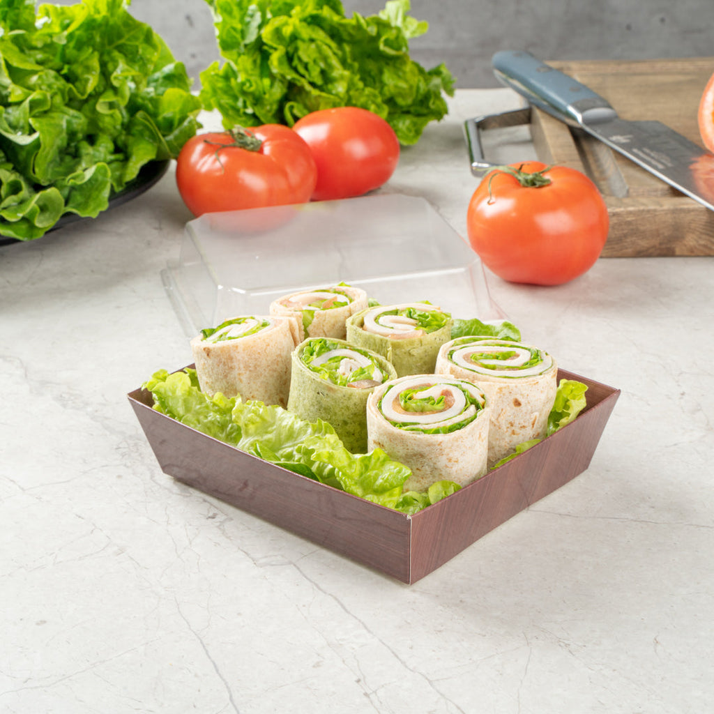 Matsuri Vision Wood Grain Paper Large Sushi Container - 5" x 4 1/2" x 1 1/2" - 100 count box