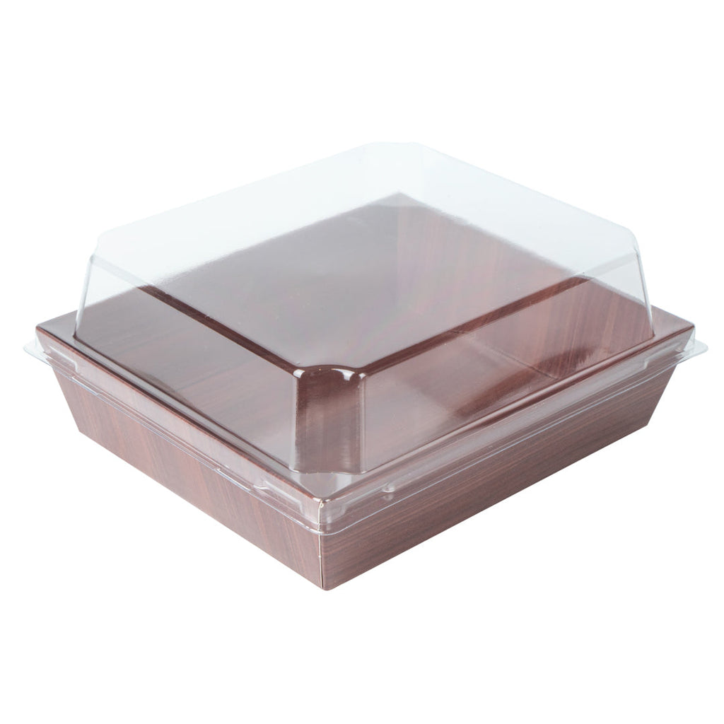 Matsuri Vision Wood Grain Paper Large Sushi Container - 5" x 4 1/2" x 1 1/2" - 100 count box