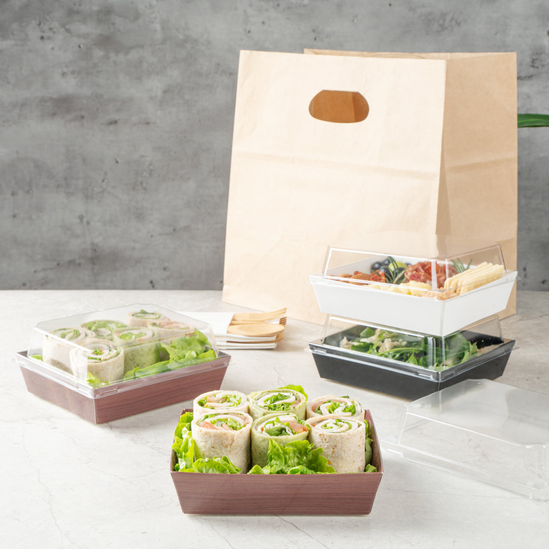 Matsuri Vision Wood Grain Paper Large Sushi Container - 5" x 4 1/2" x 1 1/2" - 100 count box