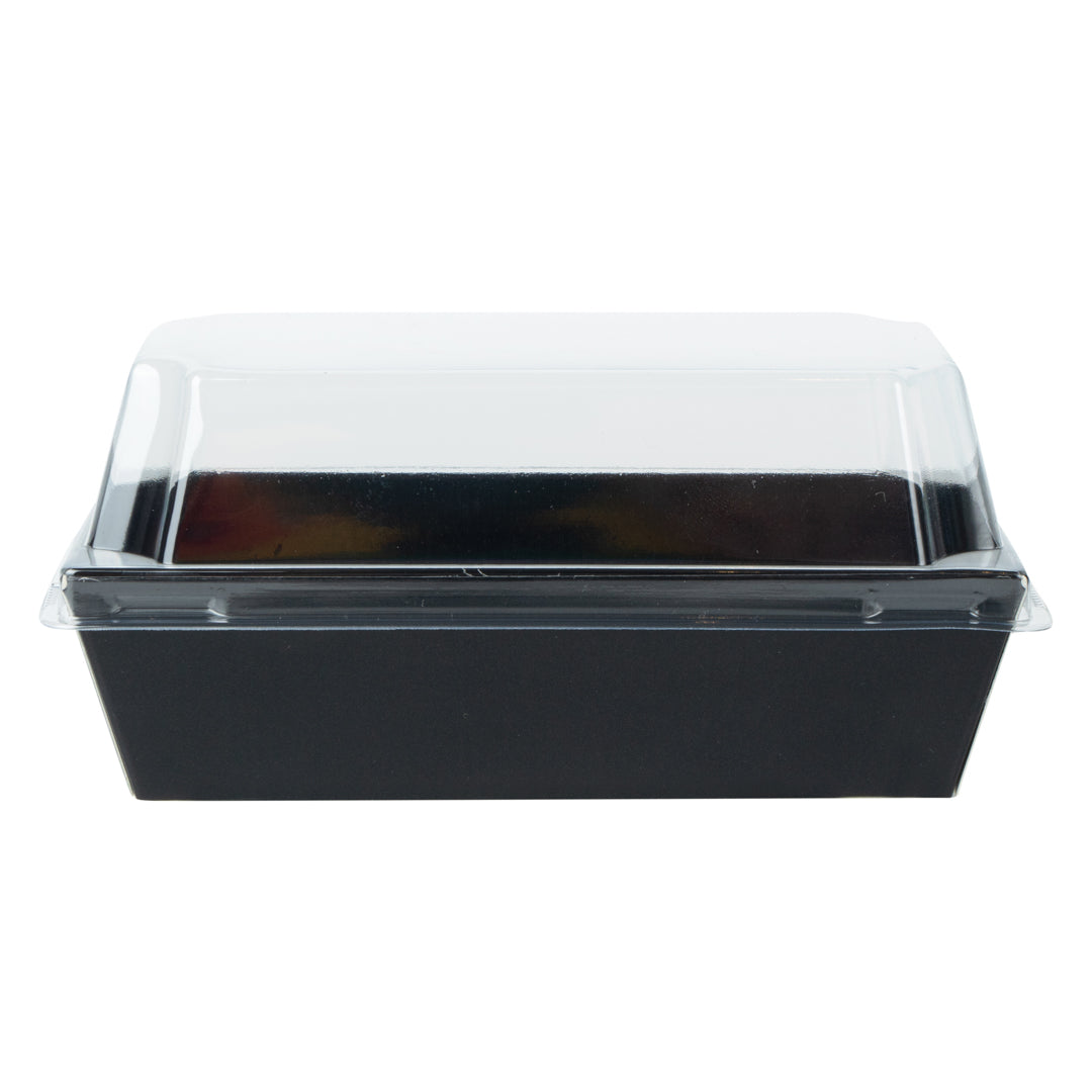 Matsuri Vision Rectangle Black Paper Small Sushi Container - 4 3/4" x 2 1/2" x 1 1/2" - 100 count box