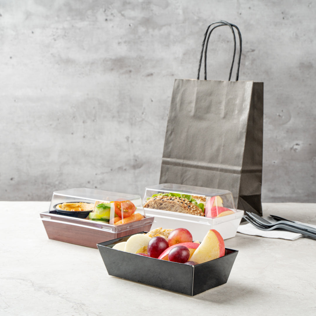 Matsuri Vision Rectangle Black Paper Small Sushi Container - 4 3/4" x 2 1/2" x 1 1/2" - 100 count box
