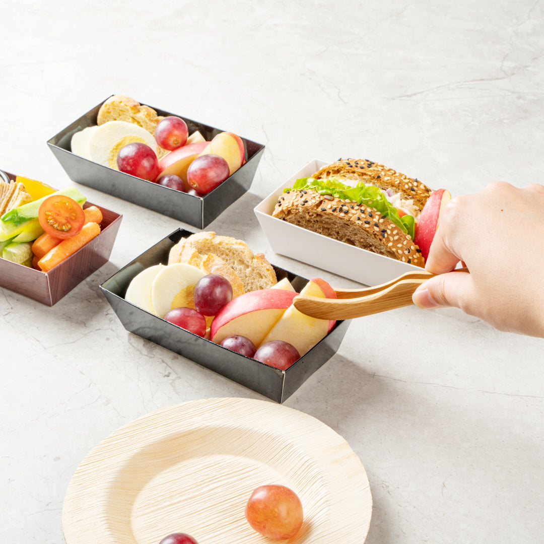 Matsuri Vision Rectangle Black Paper Small Sushi Container - 4 3/4" x 2 1/2" x 1 1/2" - 100 count box