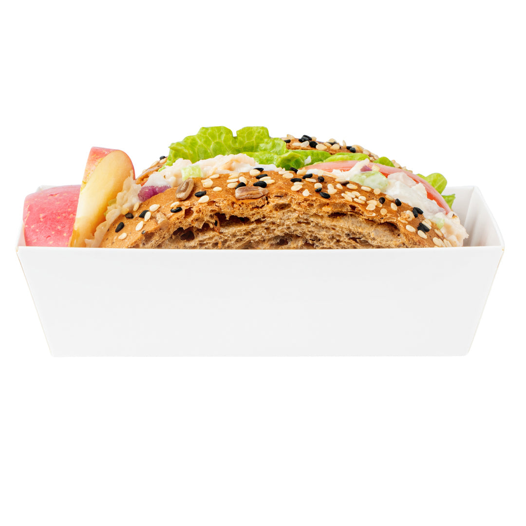 Matsuri Vision Rectangle White Paper Small Sushi Container - 4 3/4" x 2 1/2" x 1 1/2" - 100 count box