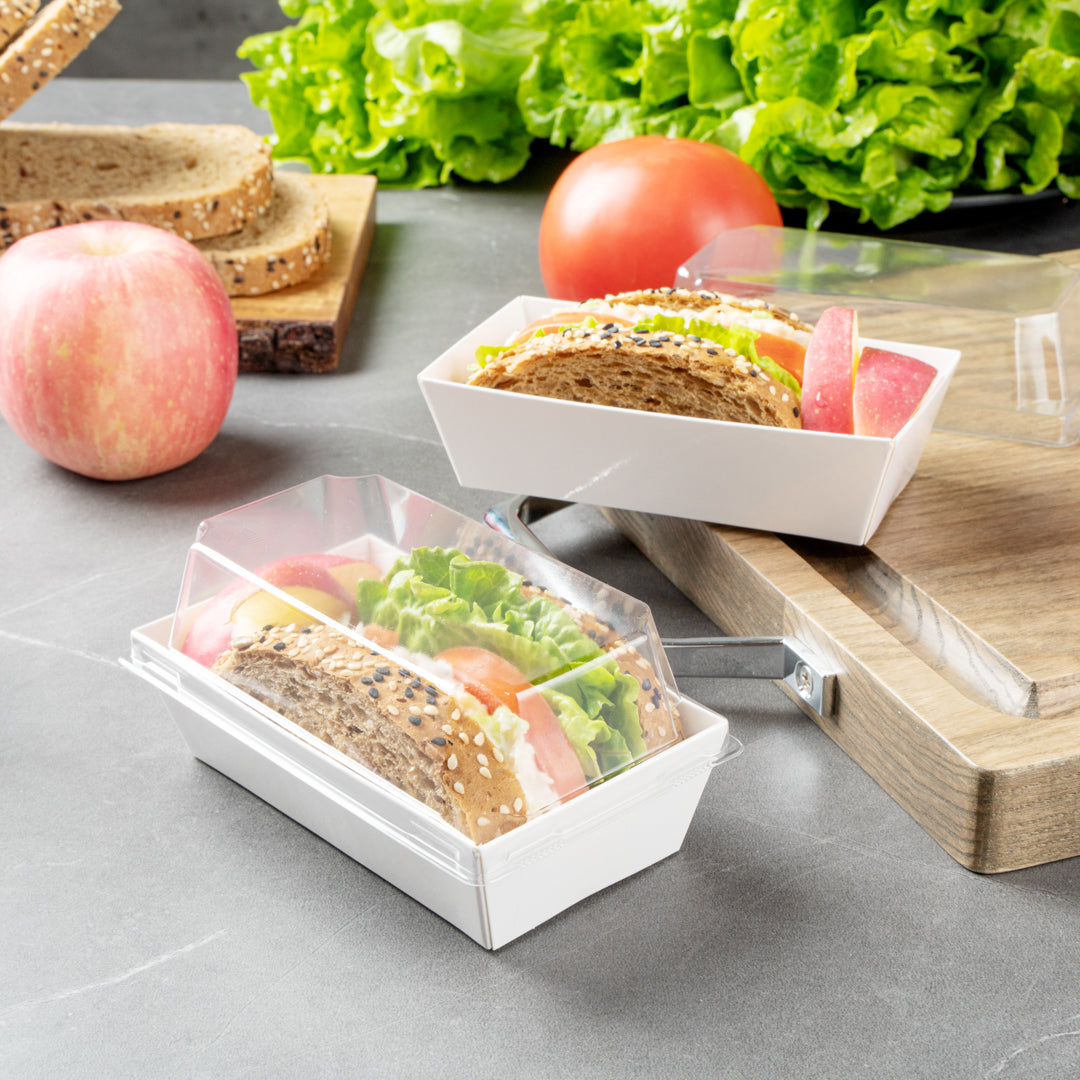 Matsuri Vision Rectangle White Paper Small Sushi Container - 4 3/4" x 2 1/2" x 1 1/2" - 100 count box