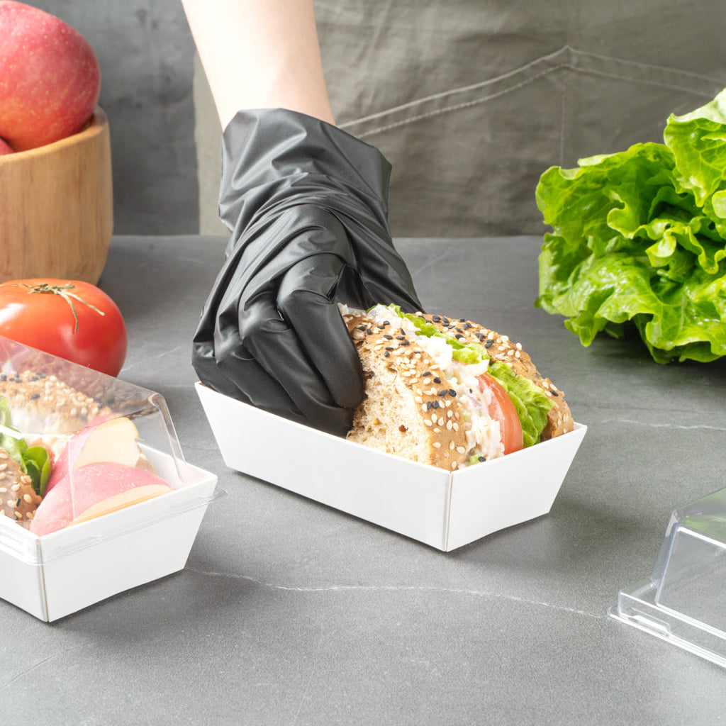 Matsuri Vision Rectangle White Paper Small Sushi Container - 4 3/4" x 2 1/2" x 1 1/2" - 100 count box
