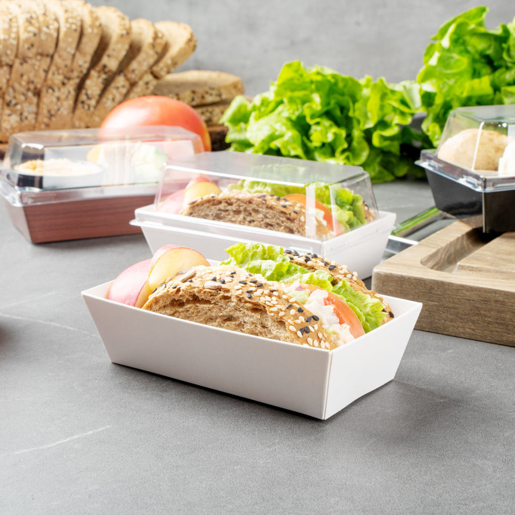 Matsuri Vision Rectangle White Paper Small Sushi Container - 4 3/4" x 2 1/2" x 1 1/2" - 100 count box