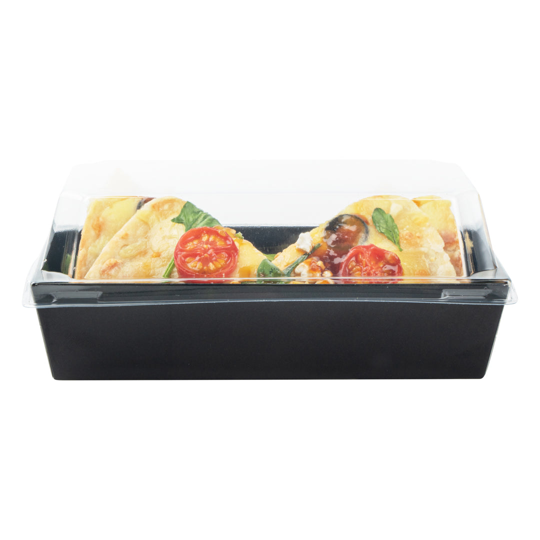 Matsuri Vision Rectangle Black Paper Medium Sushi Container - 5 1/2" x 2 3/4" x 1 1/2" - 100 count box