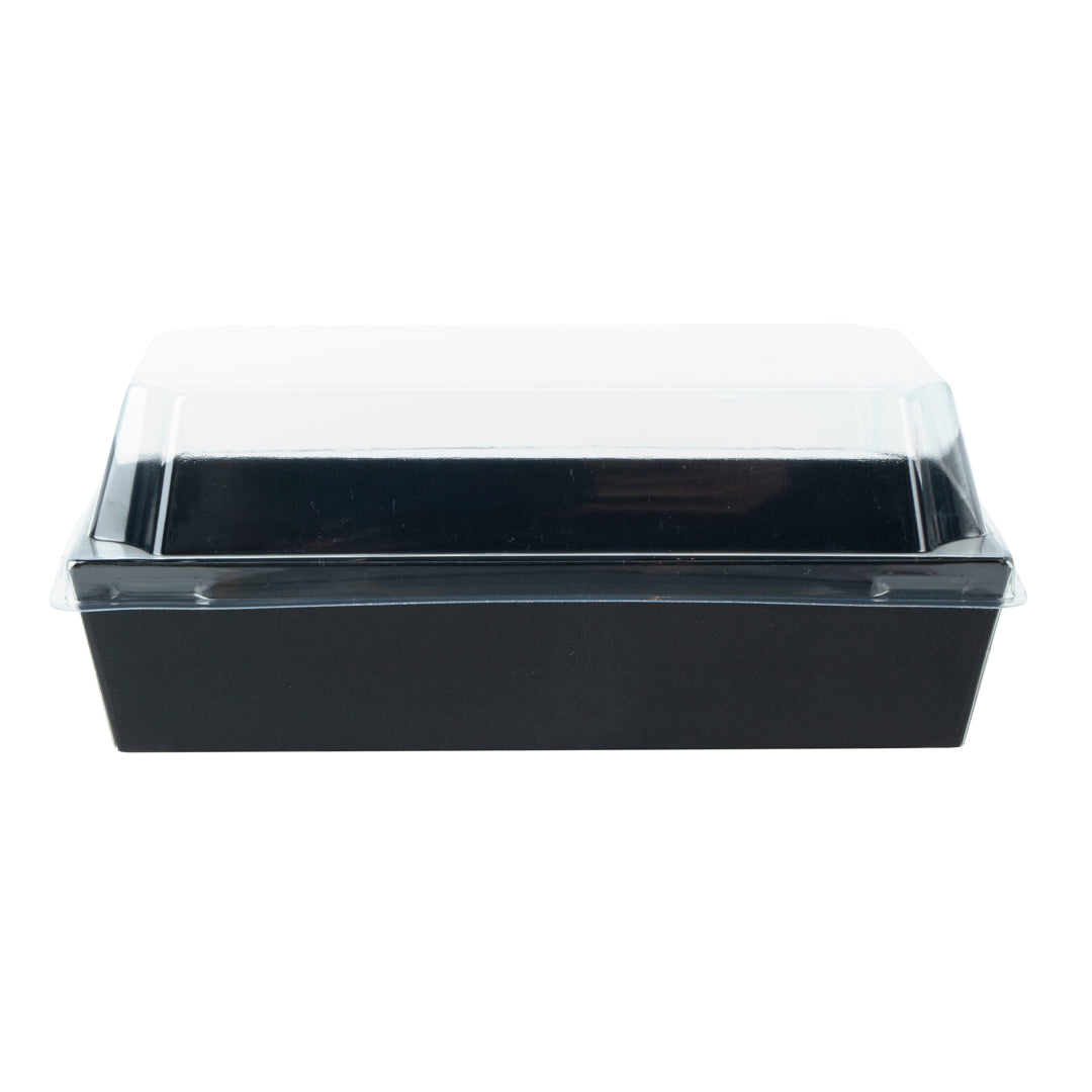Matsuri Vision Rectangle Black Paper Medium Sushi Container - 5 1/2" x 2 3/4" x 1 1/2" - 100 count box