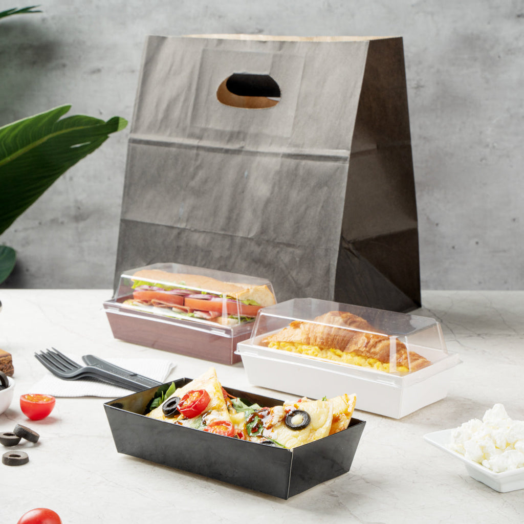 Matsuri Vision Rectangle Black Paper Medium Sushi Container - 5 1/2" x 2 3/4" x 1 1/2" - 100 count box
