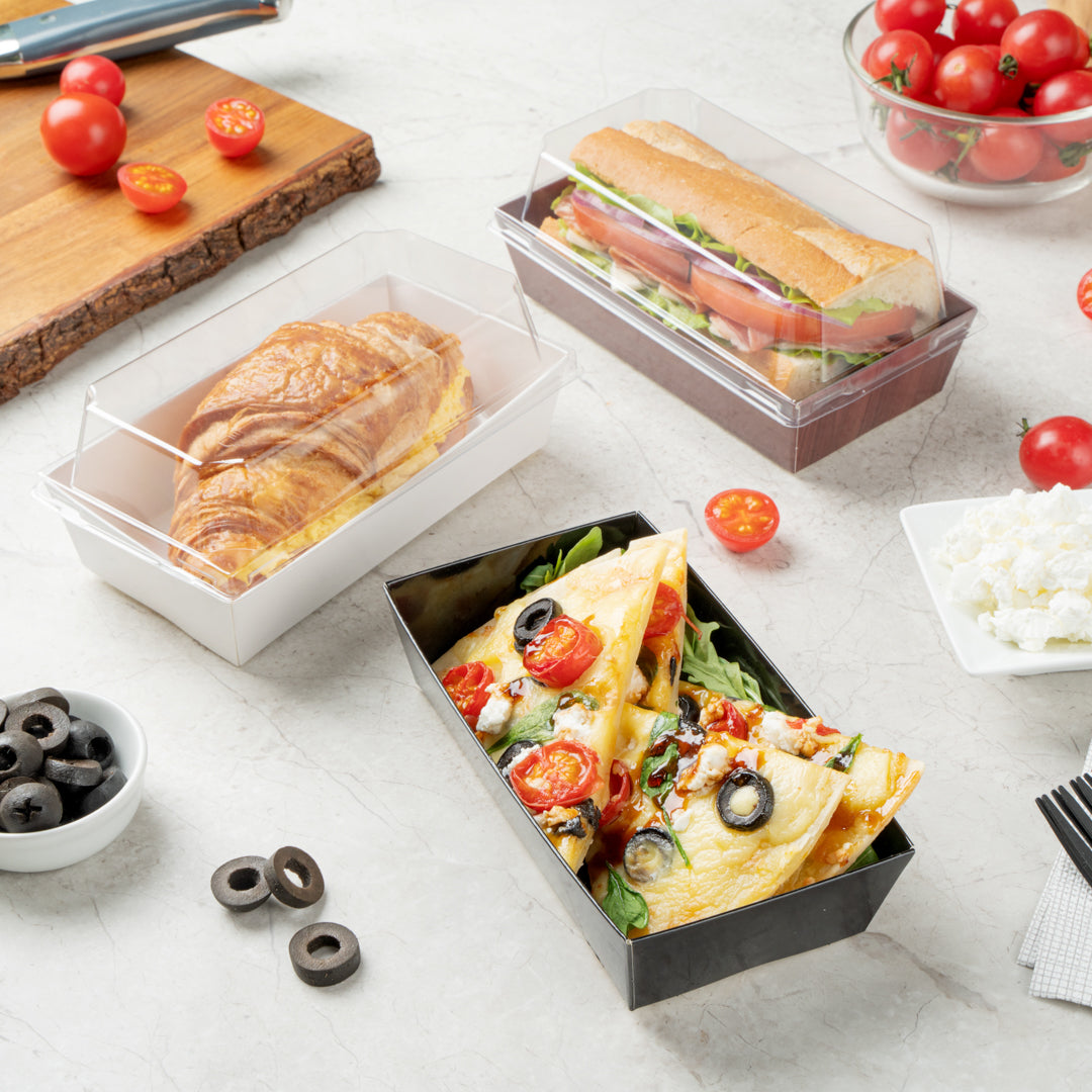 Matsuri Vision Rectangle Black Paper Medium Sushi Container - 5 1/2" x 2 3/4" x 1 1/2" - 100 count box