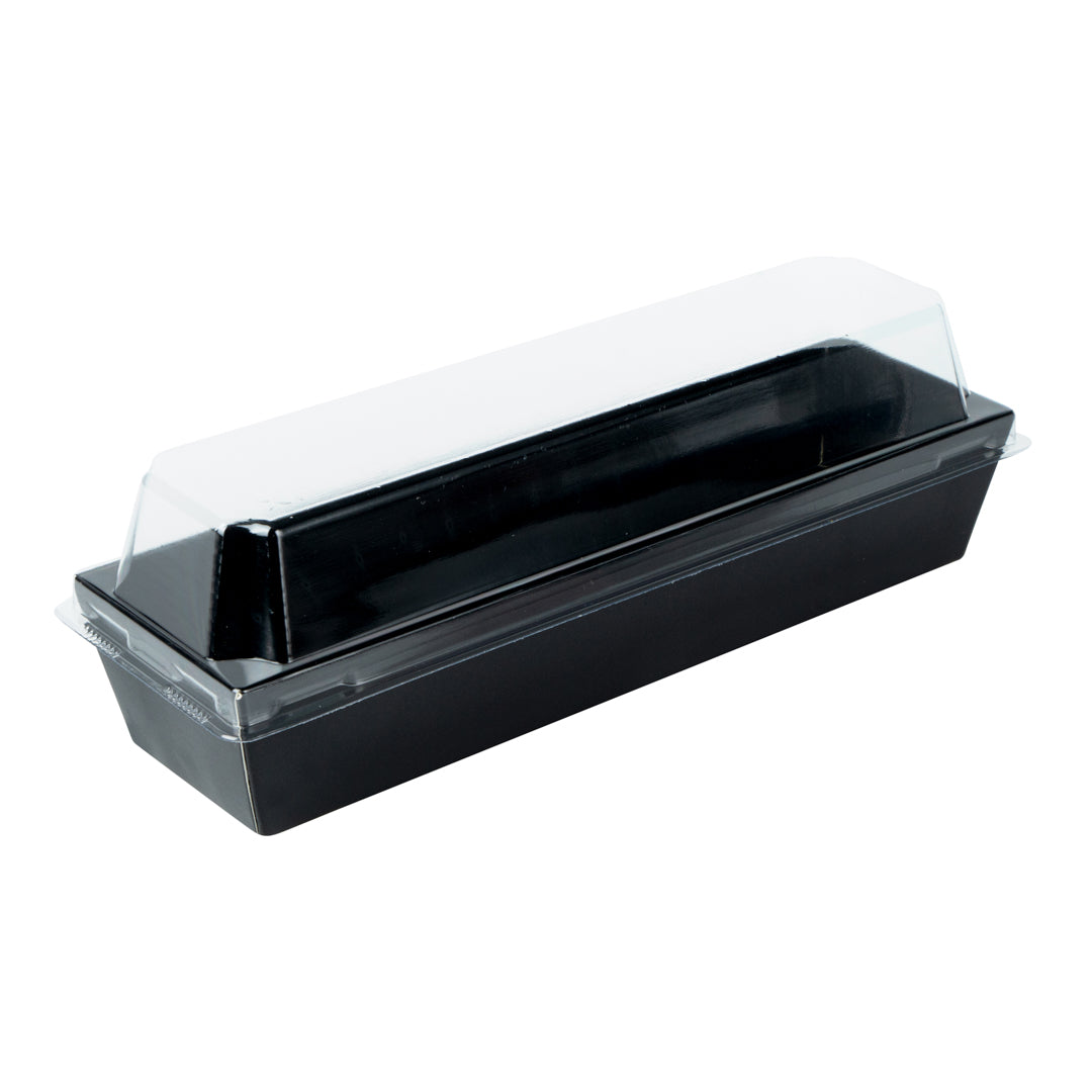 Matsuri Vision Black Paper Small Maki Sushi Container - 6 1/2" x 1 3/4" x 1 1/2" - 100 count box