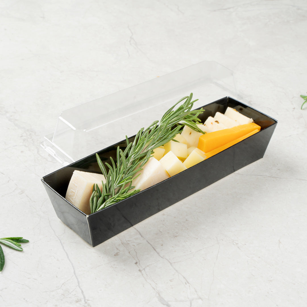 Matsuri Vision Black Paper Small Maki Sushi Container - 6 1/2" x 1 3/4" x 1 1/2" - 100 count box
