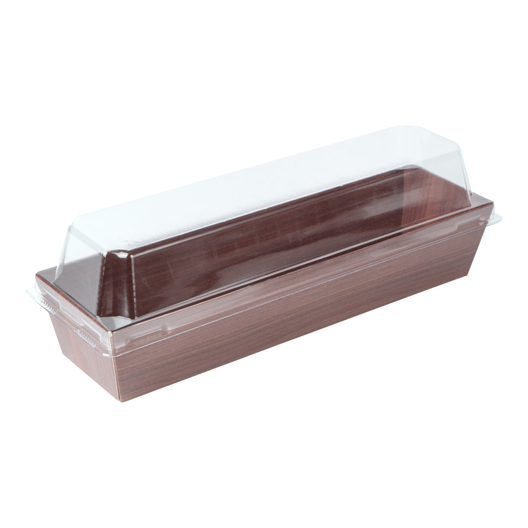 Matsuri Vision Wood Grain Paper Small Maki Sushi Container - 6 1/2" x 1 3/4" x 1 1/2" - 100 count box