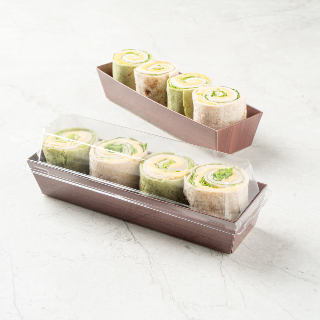 Matsuri Vision Wood Grain Paper Small Maki Sushi Container - 6 1/2" x 1 3/4" x 1 1/2" - 100 count box