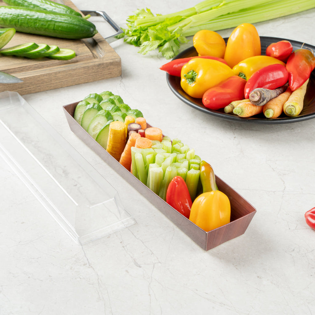 Matsuri Vision Wood Grain Paper Large Maki Sushi Container - 11 1/4" x 2" x 1 1/2" - 100 count box