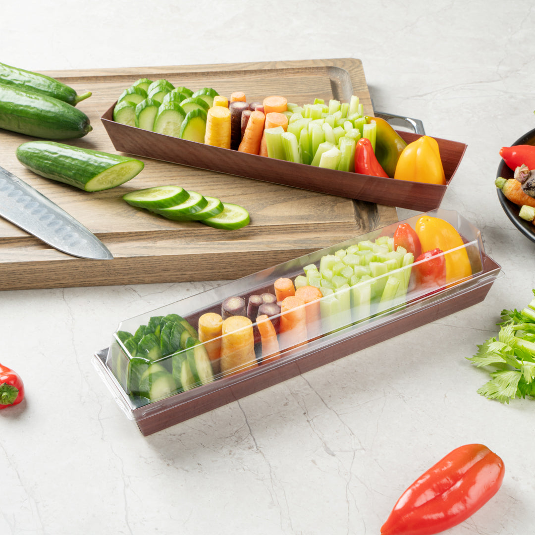 Matsuri Vision Wood Grain Paper Large Maki Sushi Container - 11 1/4" x 2" x 1 1/2" - 100 count box
