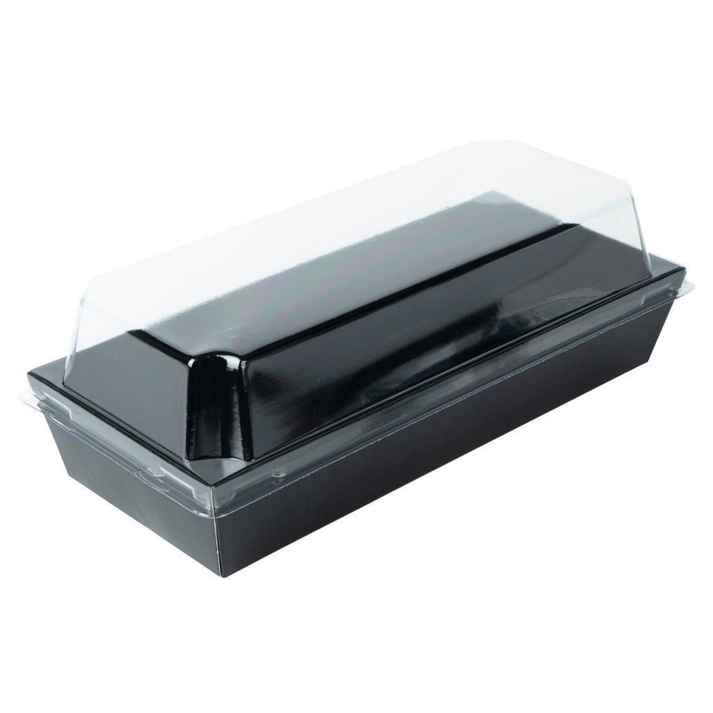 Matsuri Vision Rectangle Black Paper Large Sushi Container - 7" x 2 3/4" x 1 1/2" - 100 count box