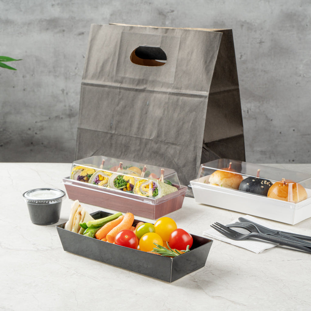 Matsuri Vision Rectangle Black Paper Large Sushi Container - 7" x 2 3/4" x 1 1/2" - 100 count box