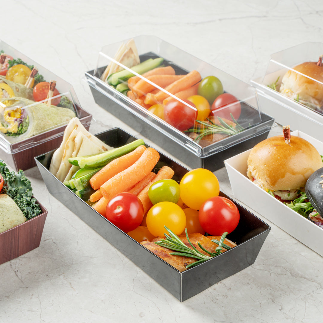 Matsuri Vision Rectangle Black Paper Large Sushi Container - 7" x 2 3/4" x 1 1/2" - 100 count box